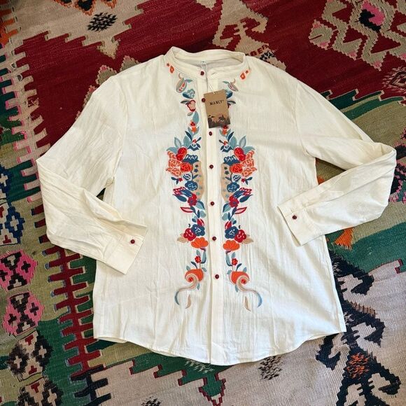 Manly/Unisex Casual Cream and Red Embroidered Button Down Shirt - Picture 5 of 13